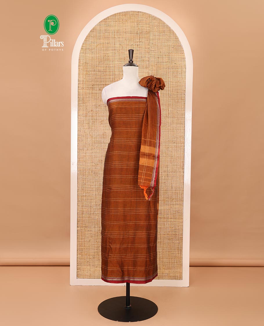 Mustard mercerized cotton material chudidar set,vertical striped contrast border top, matching threadwork bottom & traditional border matching dupatta