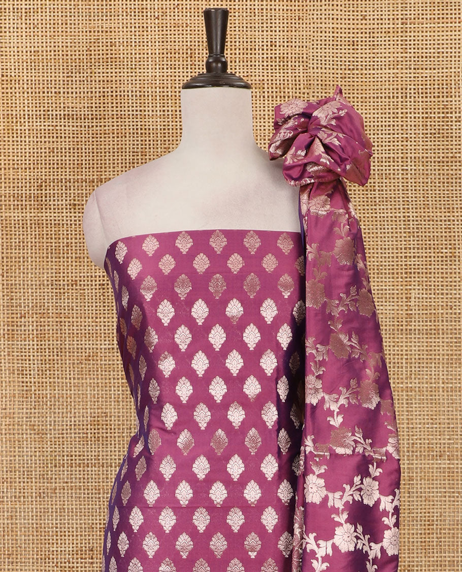 Wine banarasi material chudidar set, zari buttas woven top, plain bottom, and floral jaal taffeta silk dupatta