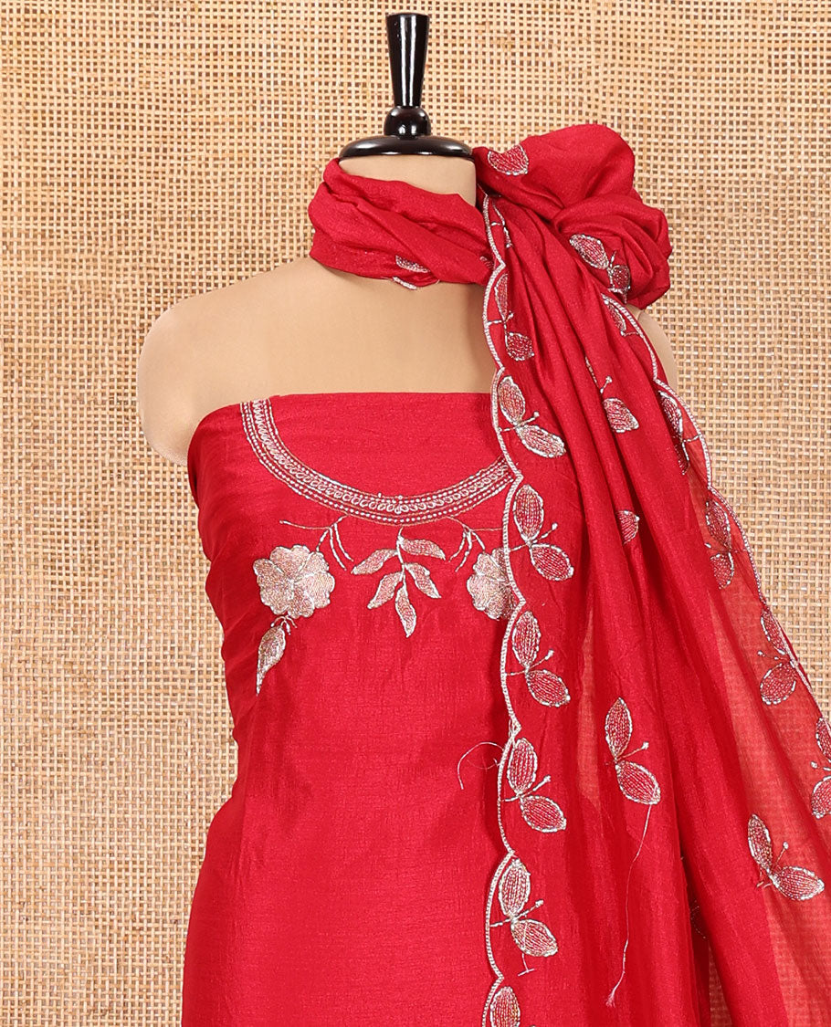 Magenta Material Chudidhar Set, Enlivened with an Floral Motifs Embroidered on its Vichitra Silk Top, Plain Santoon Bottom, and Vichitra Silk Dupatta of Leaf Motifs Embroidery