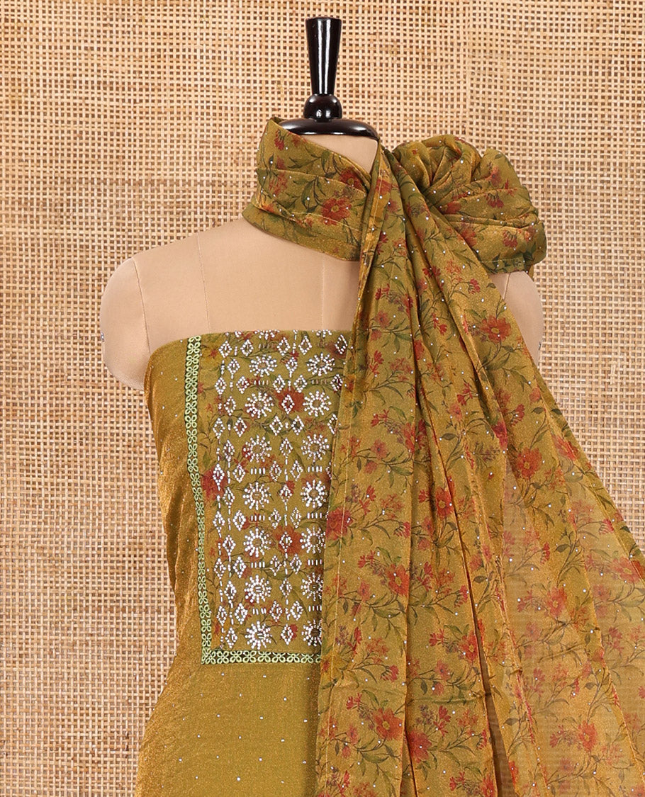 Green Material Churidar Set, Gleamed Up with Stone Work and Floral Print on Nc Moss Organza Top, Comes with a Plain Santoon Bottom, and Is Paired with a Nc Moss Dupatta of Floral Print and Stone Work
