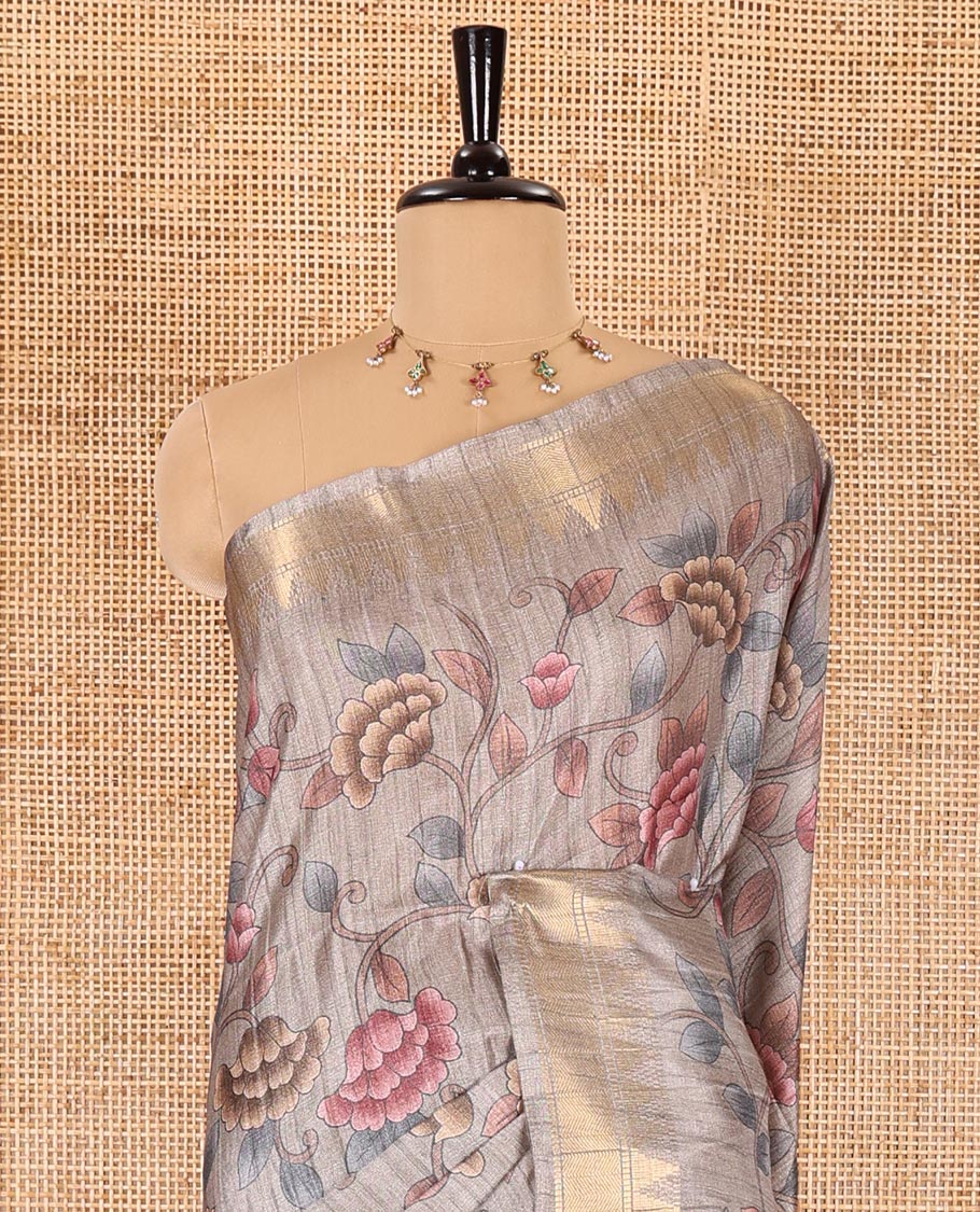Fawn floral vine printed fancy tussar saree, zari temple border, floral printed pallu, and a matching zari woven blouse
