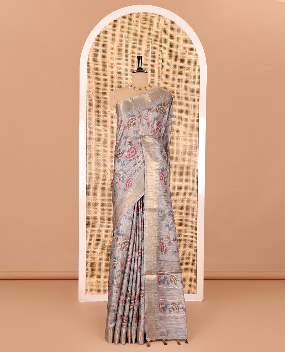 Fawn floral vine printed fancy tussar saree, zari temple border, floral printed pallu, and a matching zari woven blouse