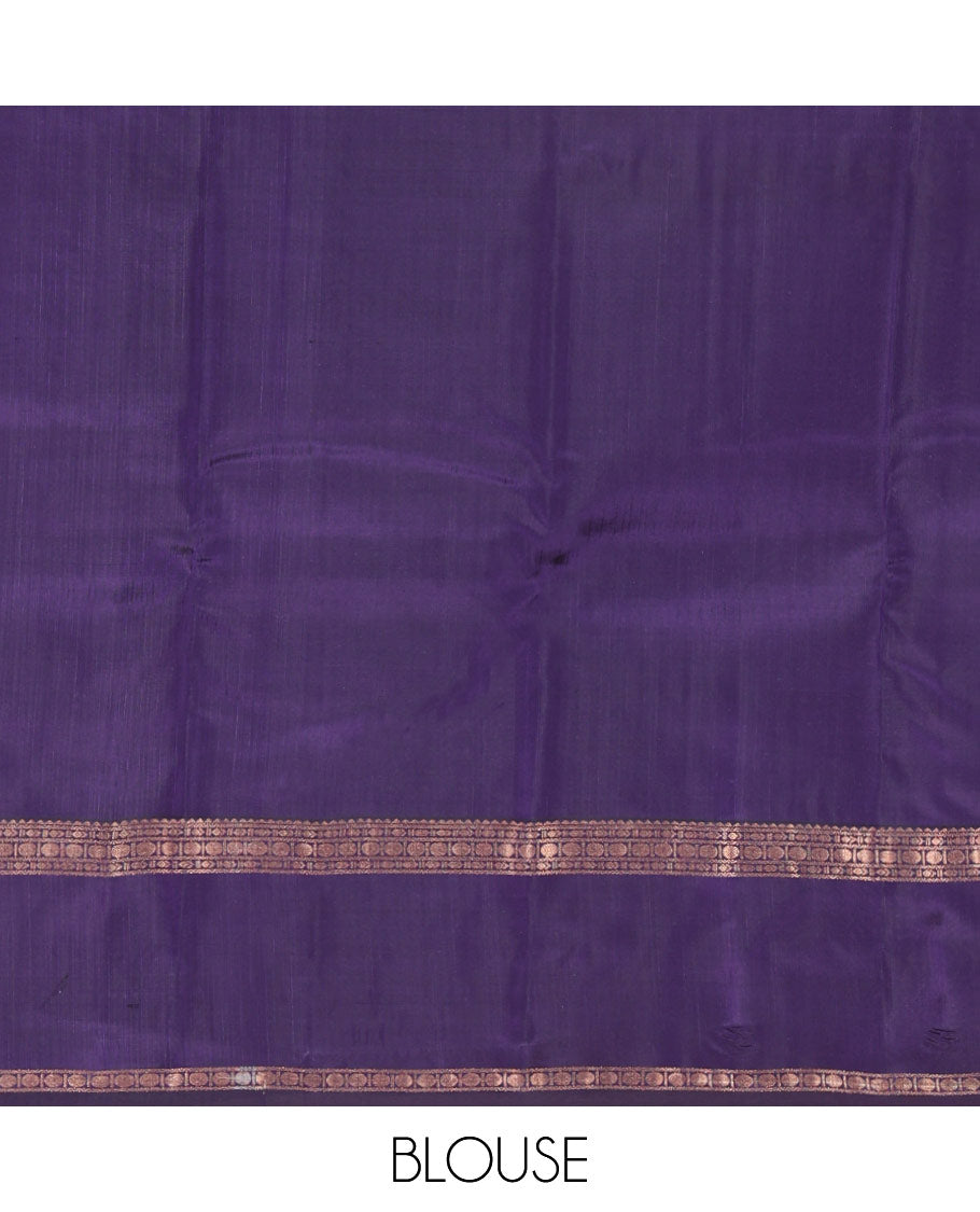 Lavender Poun Buttas Vasundhara Silk Saree, Contrast Rettai Pettu Border of Rekku, Neli, and Rudraksham Designs, and Zari-Rich Intricate Pallu