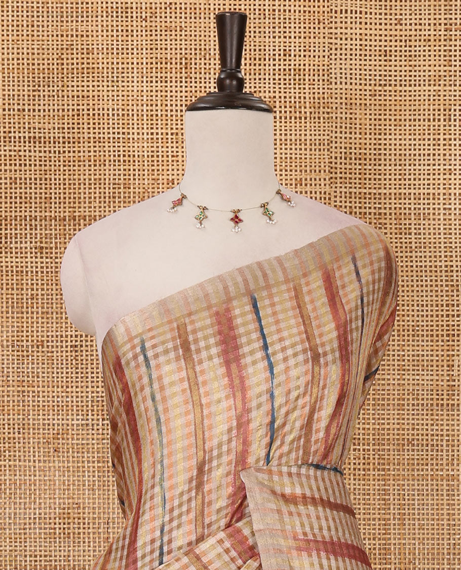 Borderless chikku checked & stripes printed fancy tussar saree, contrast painting-style Indian woven motifs printed pallu & checked printed blouse