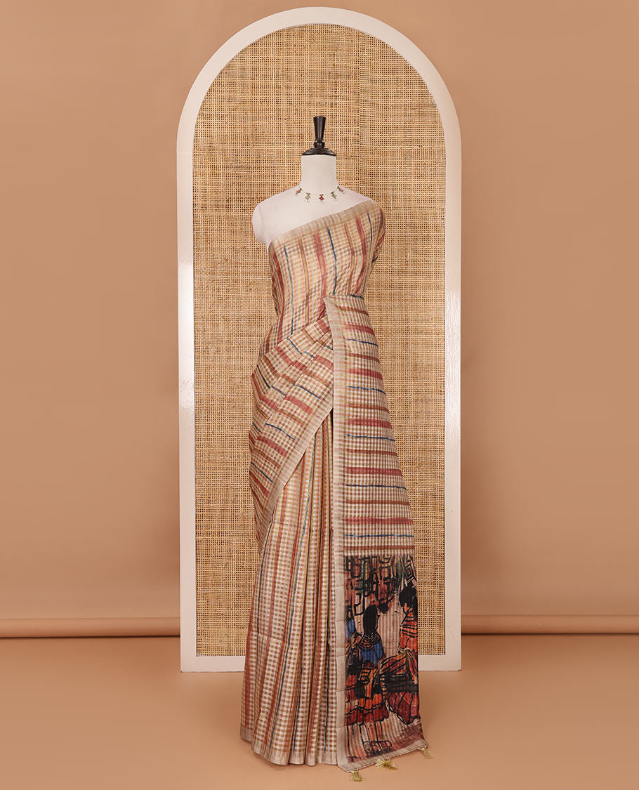 Borderless chikku checked & stripes printed fancy tussar saree, contrast painting-style Indian woven motifs printed pallu & checked printed blouse
