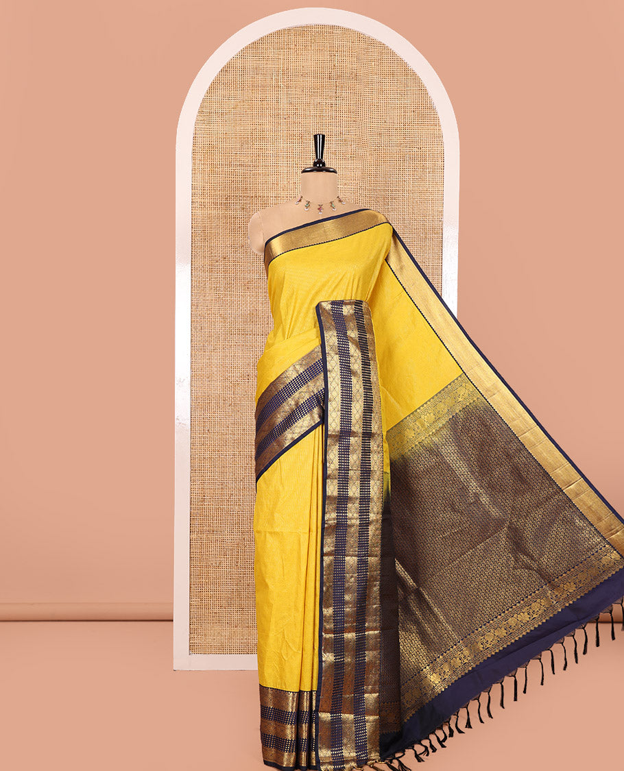 Yellow Kanchipuram Budget Silk Saree, Subtly Sparkled with Geometric Jacquard All Over Its Body, Complemented by a Contrast Traditional Zari Border of Diamond Designs, Grand Jaal Pallu, and Paired with a Contrast Blouse