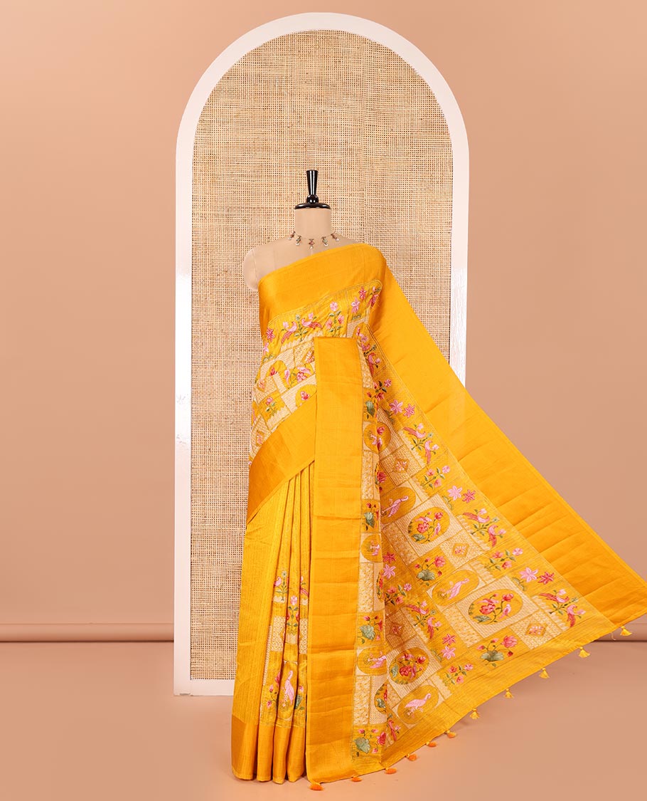 Yellow Green-Silk Saree, Beautifully Bedecked with Mughal-Style Floral-Fauna Enclosed Jaal Design Embroidery, Subtle Satin Border, Artfully Multi-Color Embroidered Pallu, and Paired with a Matching Blouse