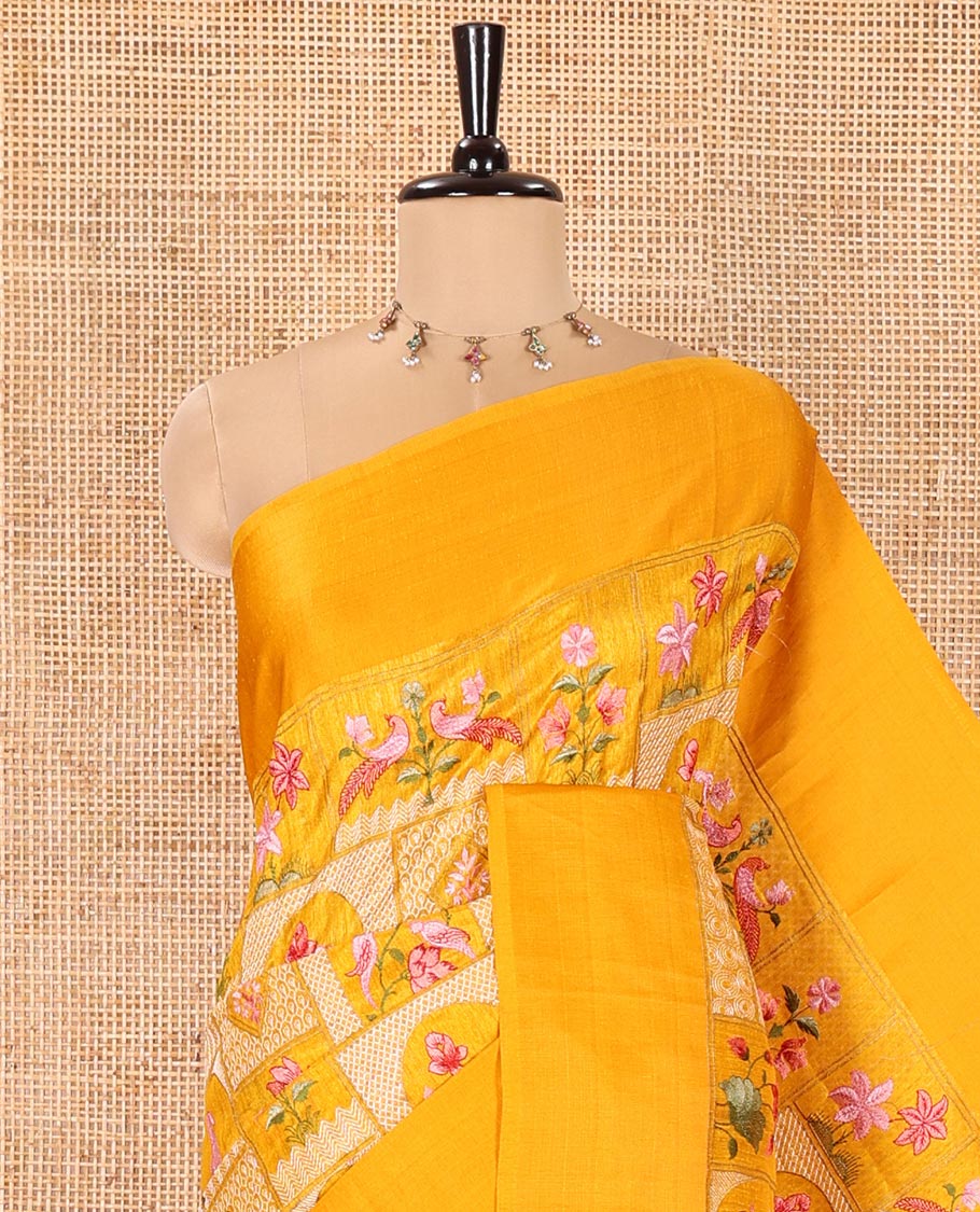 Yellow Green-Silk Saree, Beautifully Bedecked with Mughal-Style Floral-Fauna Enclosed Jaal Design Embroidery, Subtle Satin Border, Artfully Multi-Color Embroidered Pallu, and Paired with a Matching Blouse