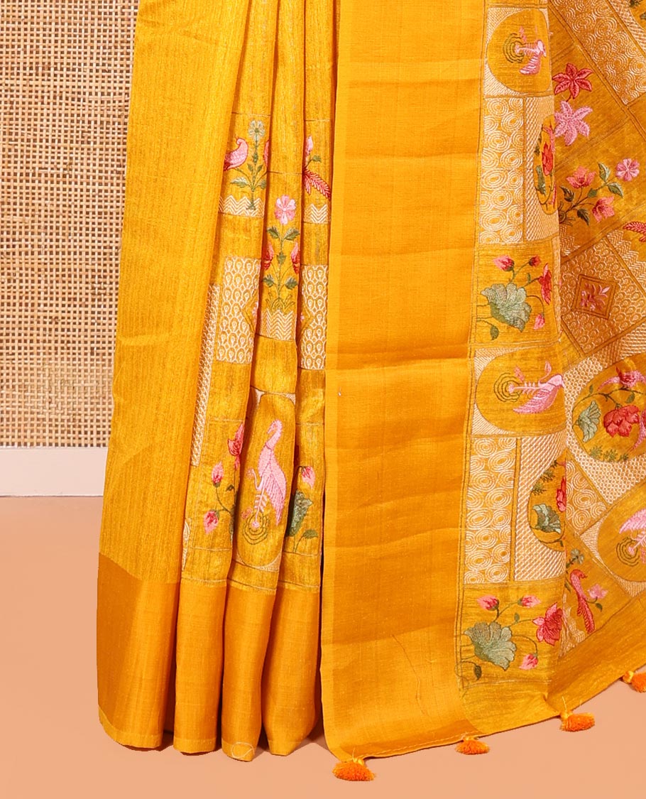 Yellow Green-Silk Saree, Beautifully Bedecked with Mughal-Style Floral-Fauna Enclosed Jaal Design Embroidery, Subtle Satin Border, Artfully Multi-Color Embroidered Pallu, and Paired with a Matching Blouse