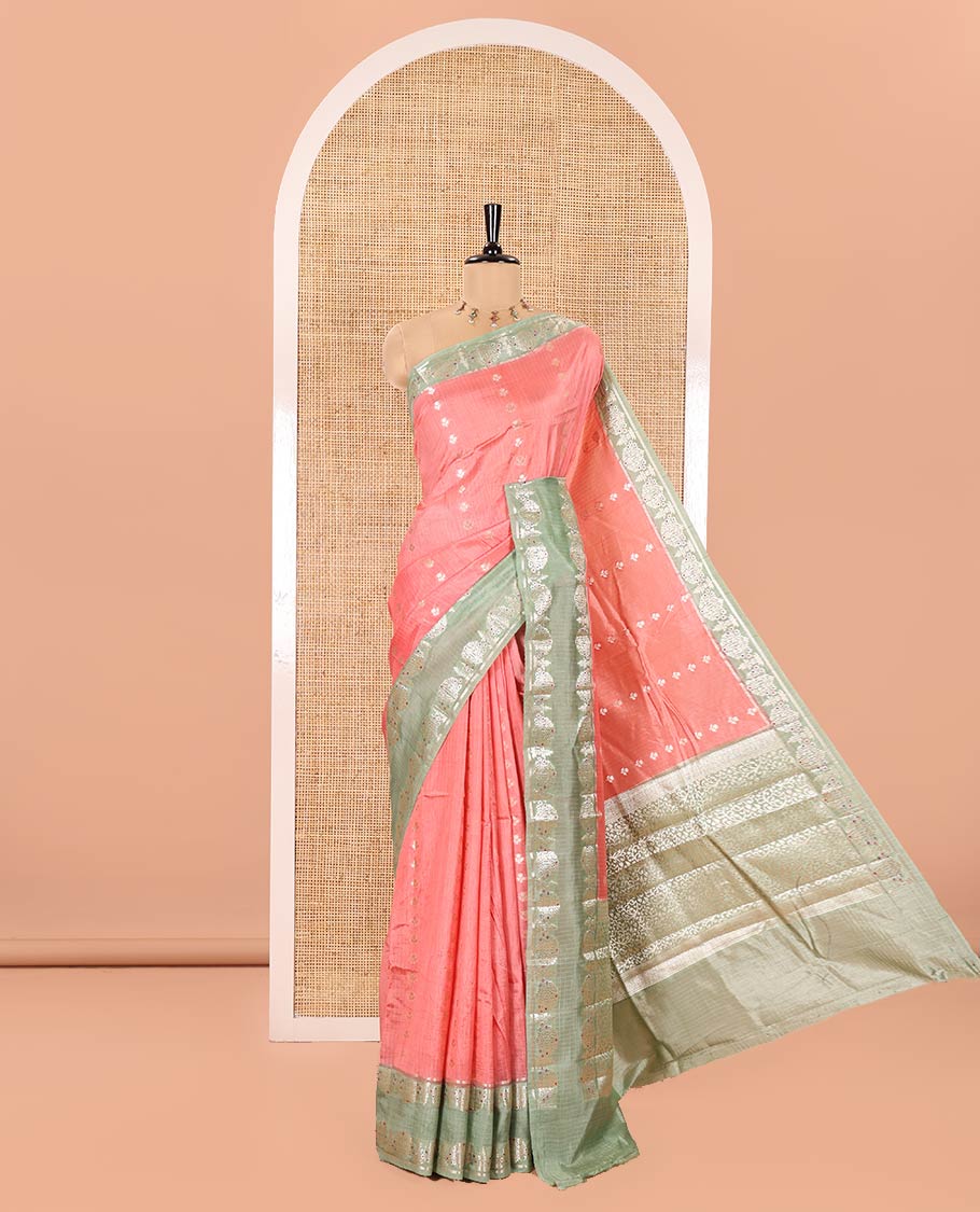 Peach-Colored Green Mango-Silk Saree, Enthralled with Floral Zari Buttas All Over Its Body, Complemented by a Contrast Meenakari-Zari Floral Design Border, Pallu of Floral Jaal Designs, and Paired with a Contrast Blouse
