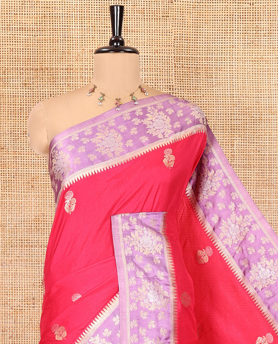 Rani Pink Fancy Raw Silk Saree, Adorned with Floral Zari Buttas, a Contrast Floral Temple Border, Intricate Pallu, and a Contrast Blouse