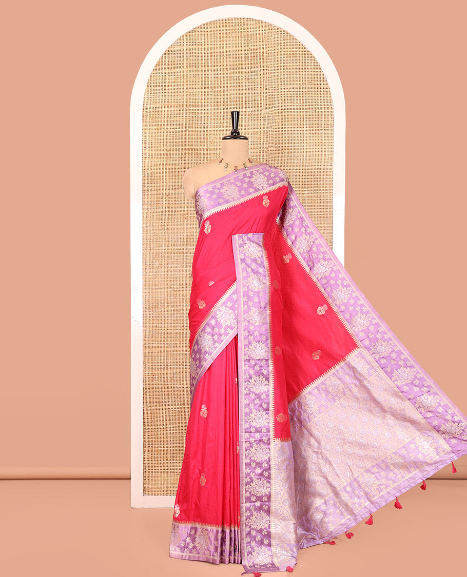 Rani Pink Fancy Raw Silk Saree, Adorned with Floral Zari Buttas, a Contrast Floral Temple Border, Intricate Pallu, and a Contrast Blouse