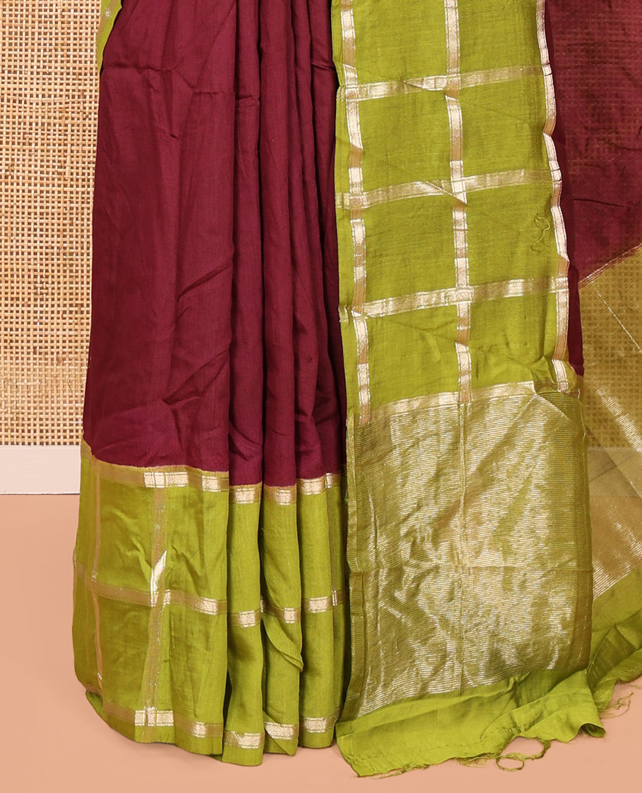 Wine Plain Assam Silk Saree, Contrast Gharchola Checked Border, Gleaming Zari Striped Pallu, and a Contrast Blouse