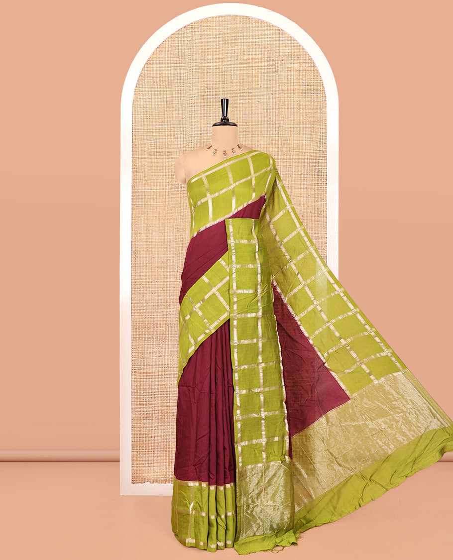Wine Plain Assam Silk Saree, Contrast Gharchola Checked Border, Gleaming Zari Striped Pallu, and a Contrast Blouse