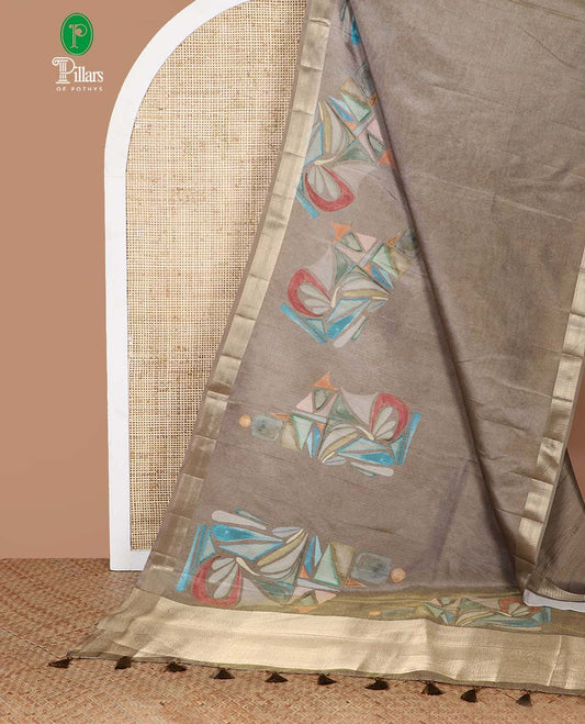 Mustard gold geometric print crush tissue saree with zari border & tissue pallu along with plain blouse