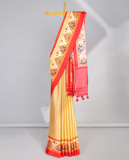 Yellow semi-banaras printed saree with contrast ikkat design border & pallu of intricate design