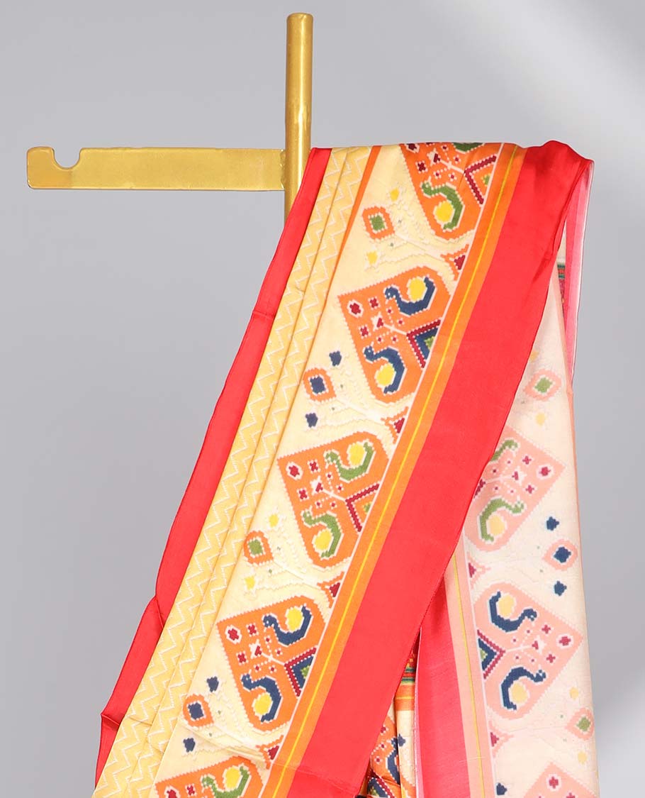 Yellow semi-banaras printed saree with contrast ikkat design border & pallu of intricate design