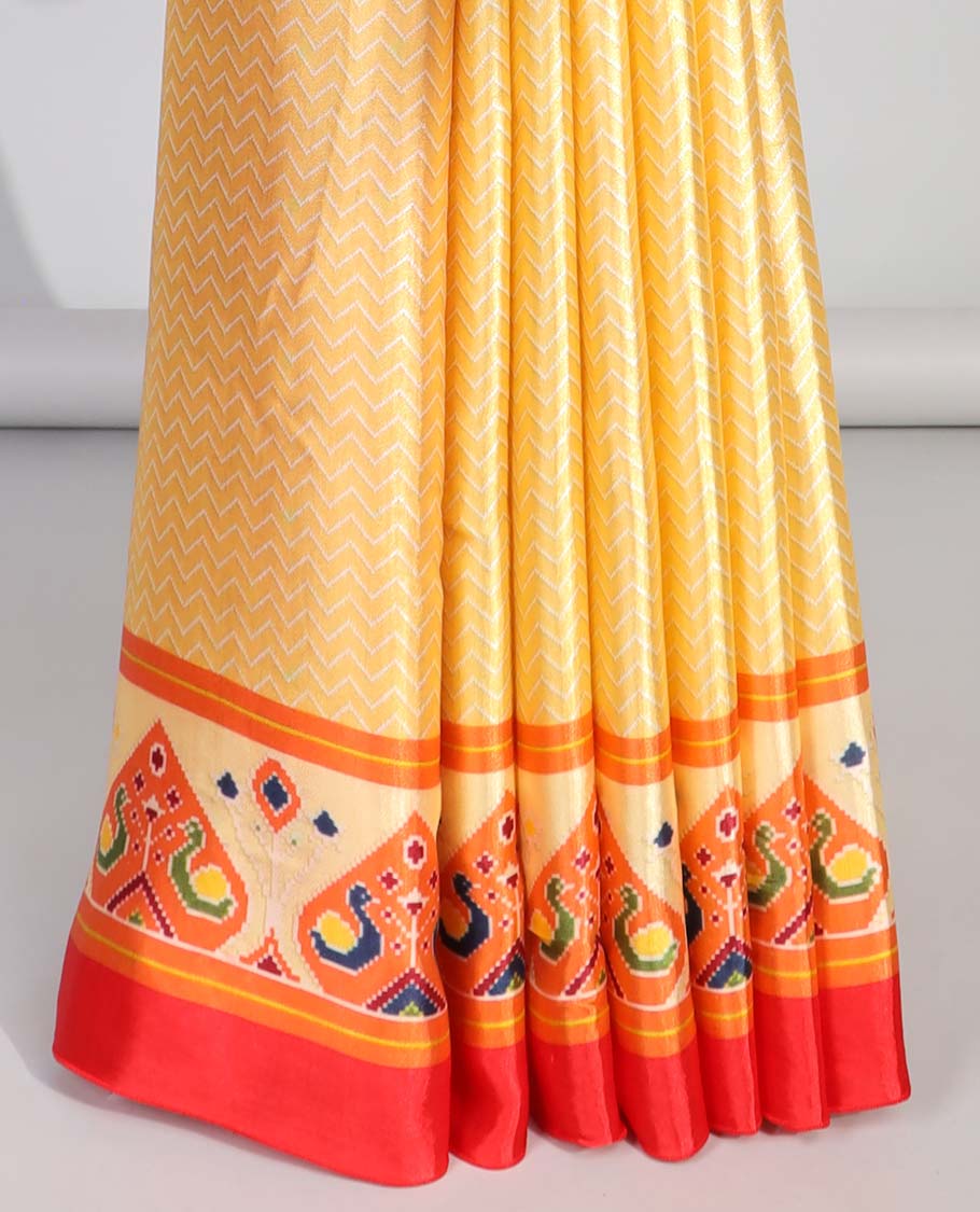 Yellow semi-banaras printed saree with contrast ikkat design border & pallu of intricate design