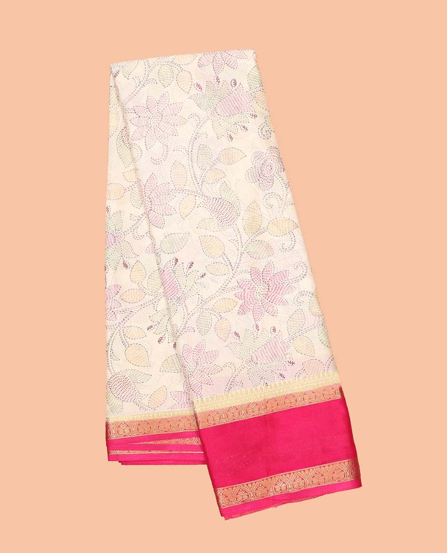 Baby pink madhubani-style floral vine semi-banaras printed saree, contrast traditional design border & striped pallu