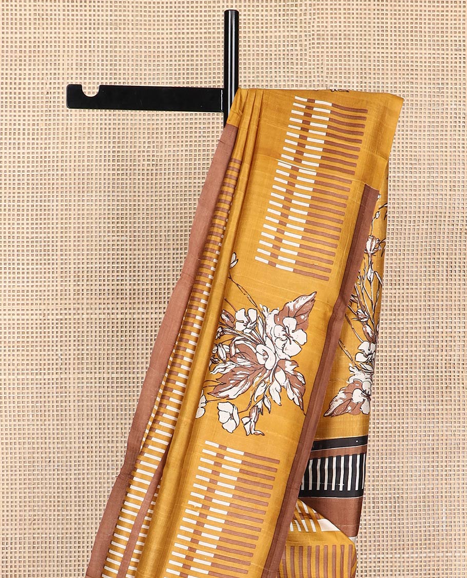 Mustard floral, geometric design printed silk saree with contrast border