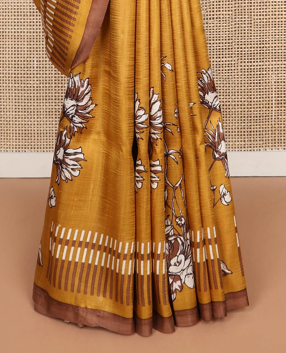 Mustard floral, geometric design printed silk saree with contrast border
