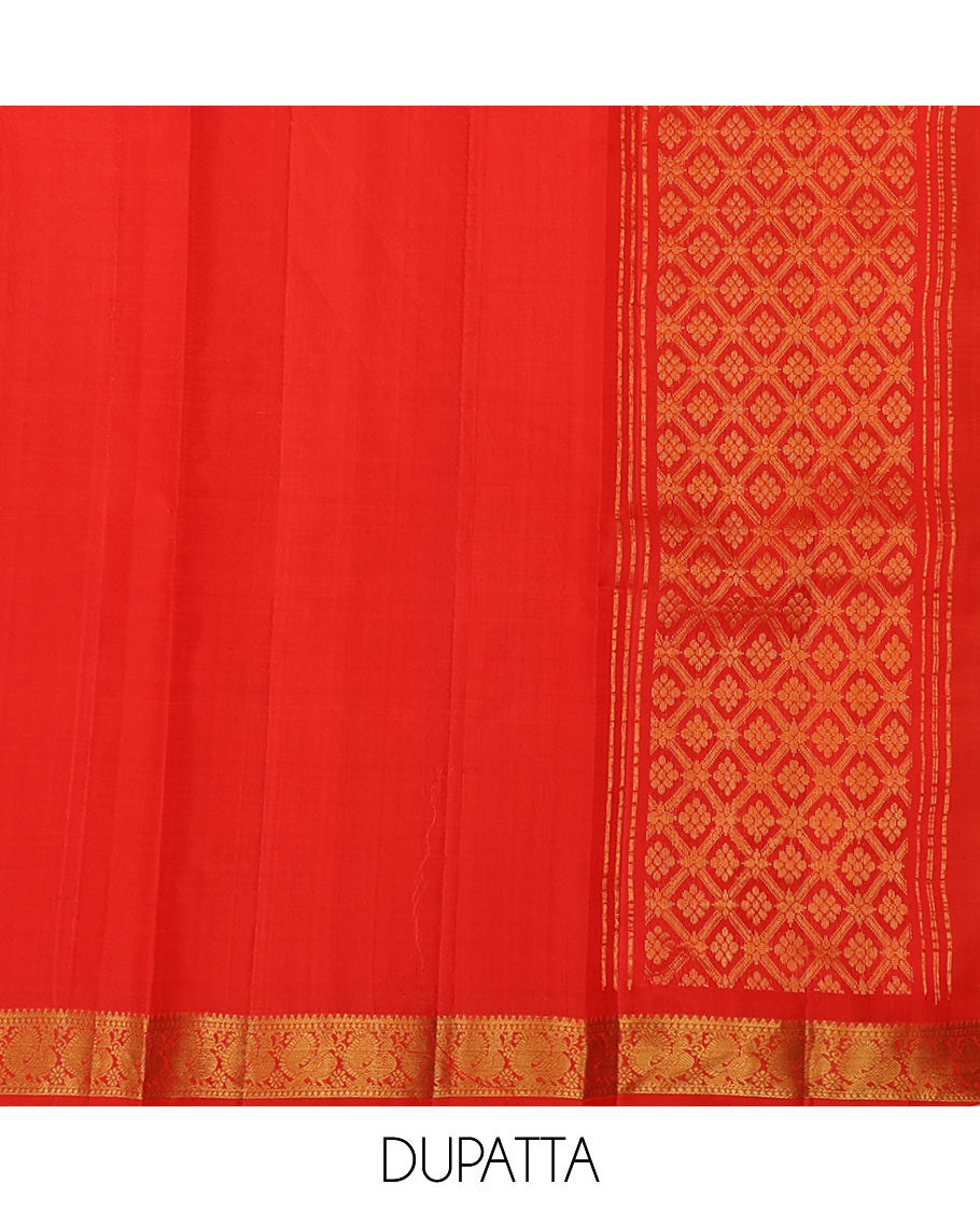 Gold pure-silk half saree, jacquard skirt, contrast border & blouse of rekku,muthu,neli & kodi visiry motifs & intricate dhavani