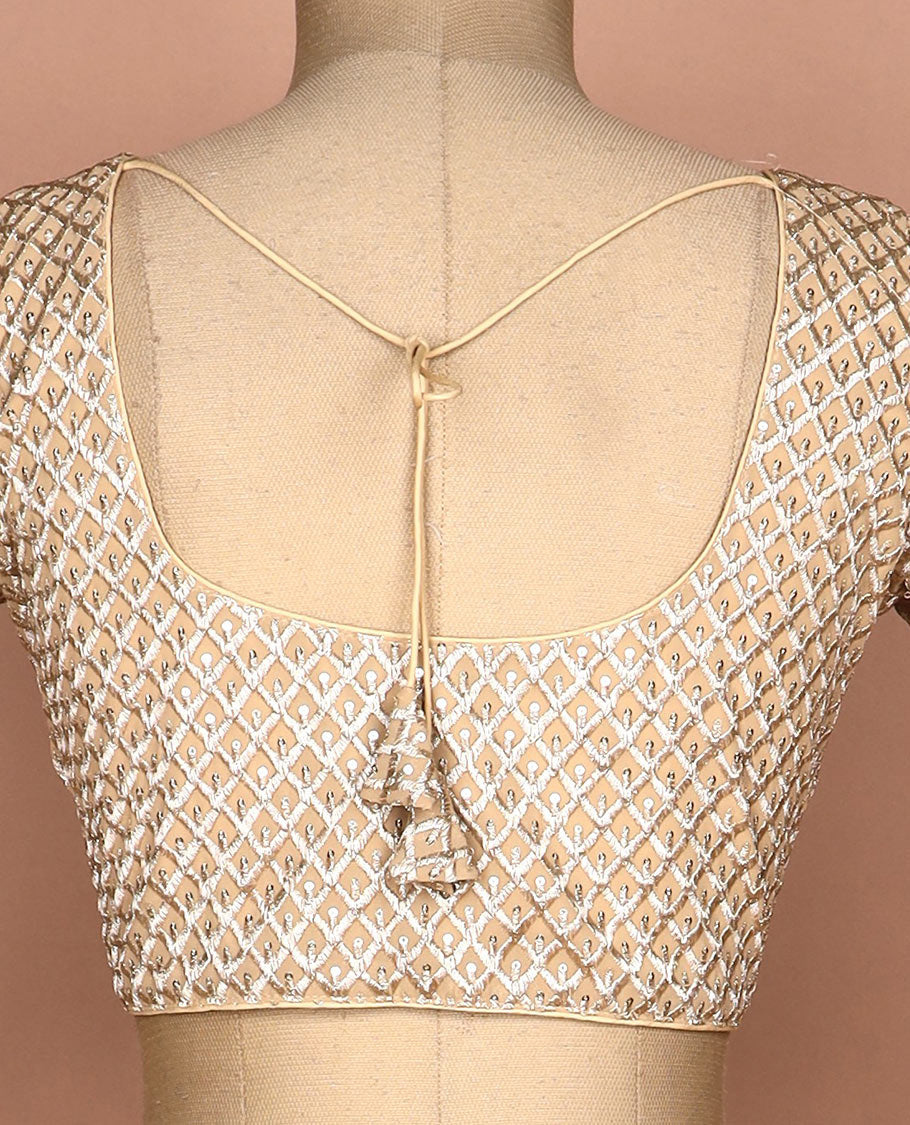 Sandal thread and sequins argyle design embroidered round neck elbow sleeve raw silk readymade blouse