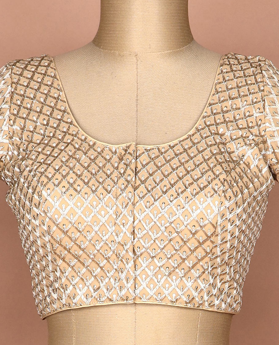 Sandal thread and sequins argyle design embroidered round neck elbow sleeve raw silk readymade blouse
