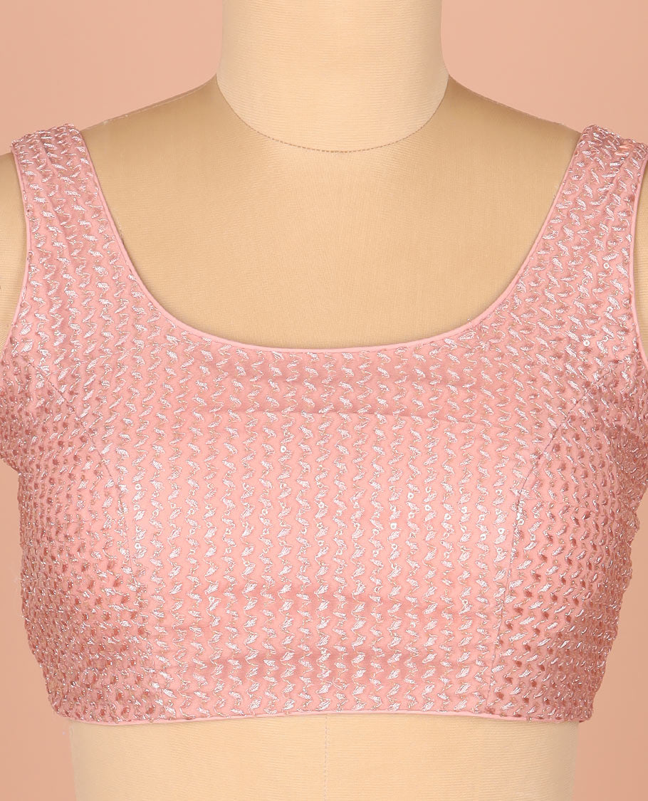 Pale Pink Readymade Blouse Gleamed Up with Thread and Sequins Embroidery, Featuring Front Round Neck, Back Round Neck with Rope, and Sleeveless