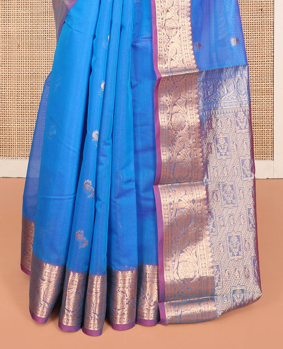 Blue Silk Cotton Saree, Elevated with Buttas, Complemented by Contrast Floral Creeper Border, Pallu of Intricate Designs, and Contrast Blouse