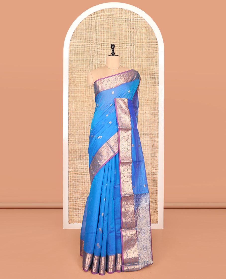 Blue Silk Cotton Saree, Elevated with Buttas, Complemented by Contrast Floral Creeper Border, Pallu of Intricate Designs, and Contrast Blouse