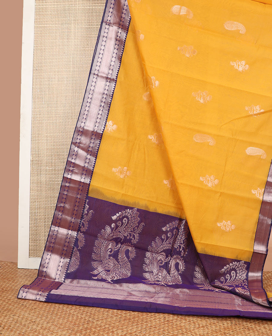 Orange motifs silk cotton saree with contrast zari design border & floral design pallu