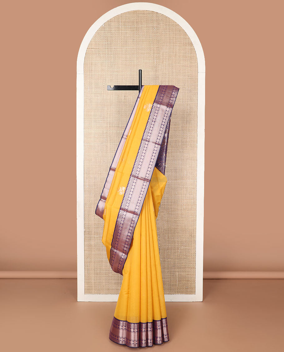 Orange motifs silk cotton saree with contrast zari design border & floral design pallu