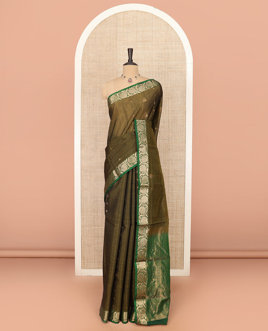 Green Silk Cotton Saree Detailed with Buttas All Over the Body, Complemented by a Contrast Floral Creeper Zari Border, Featuring a Contrast Pallu of Floral Zari Designs, and Paired with a Contrast Blouse