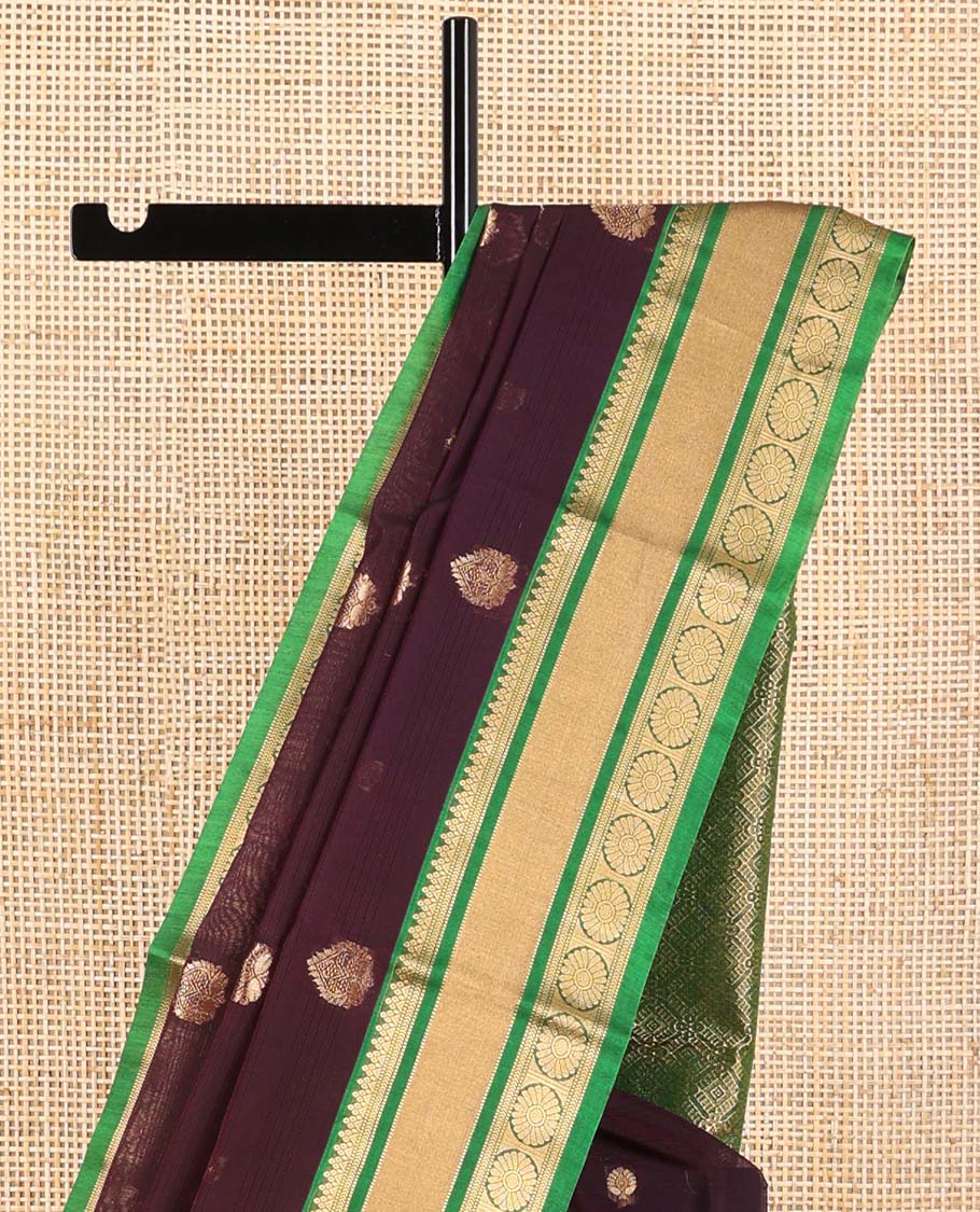Brown leaf design silk cotton saree with contrast traditional zari border & jaal design pallu