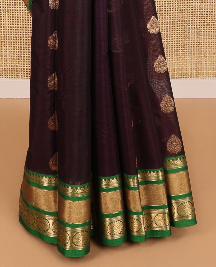 Brown leaf design silk cotton saree with contrast traditional zari border & jaal design pallu