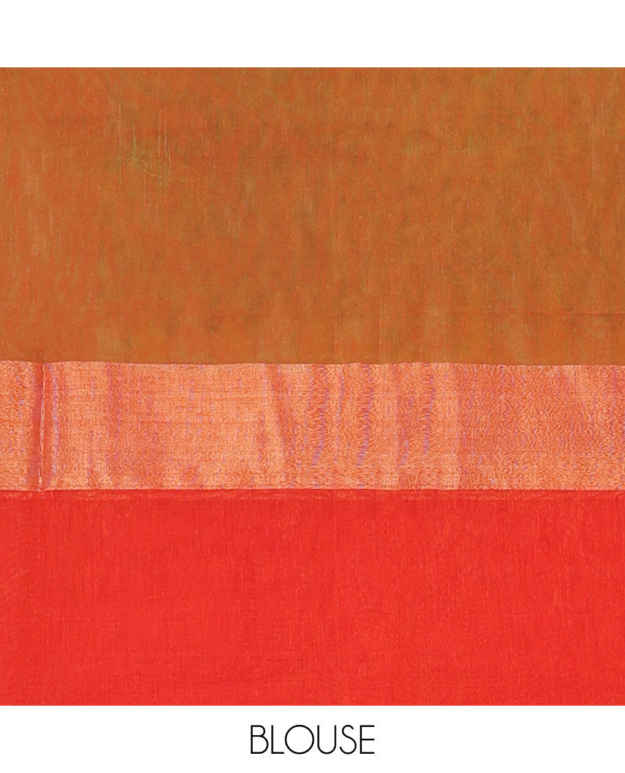 Green ikkat chevron design silk cotton saree, contrast zari bavanji border of ikkat jaal design, and pallu of jaal design