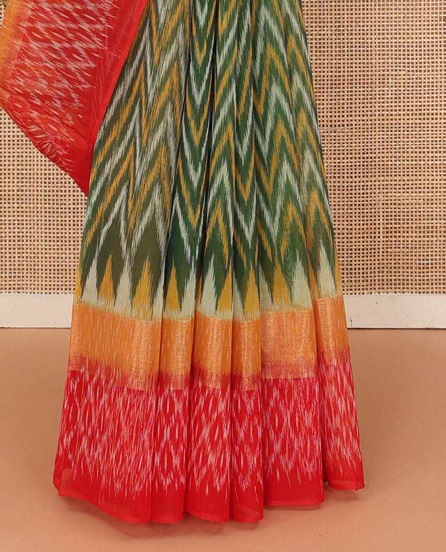 Green ikkat chevron design silk cotton saree, contrast zari bavanji border of ikkat jaal design, and pallu of jaal design