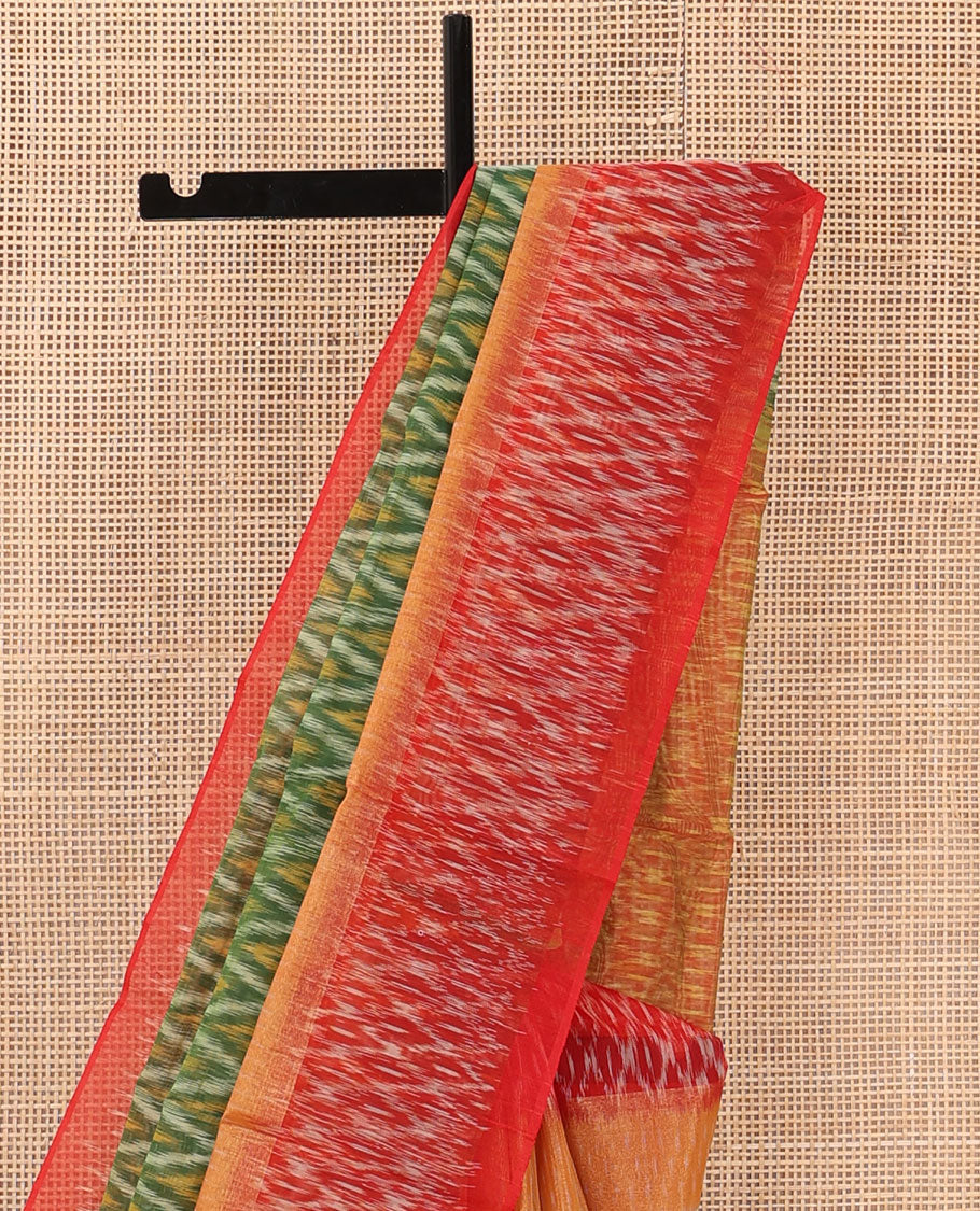 Green ikkat chevron design silk cotton saree, contrast zari bavanji border of ikkat jaal design, and pallu of jaal design