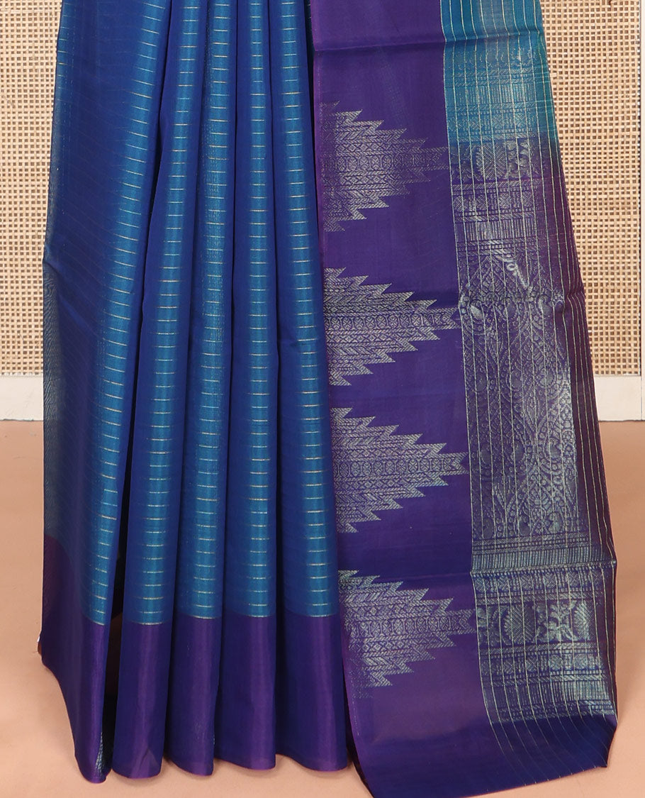 Blue Silk Cotton Saree, Enriched with Stripes and Checks, Complemented by a Contrast Temple Border, Intricately Designed Pallu, and a Contrast Blouse