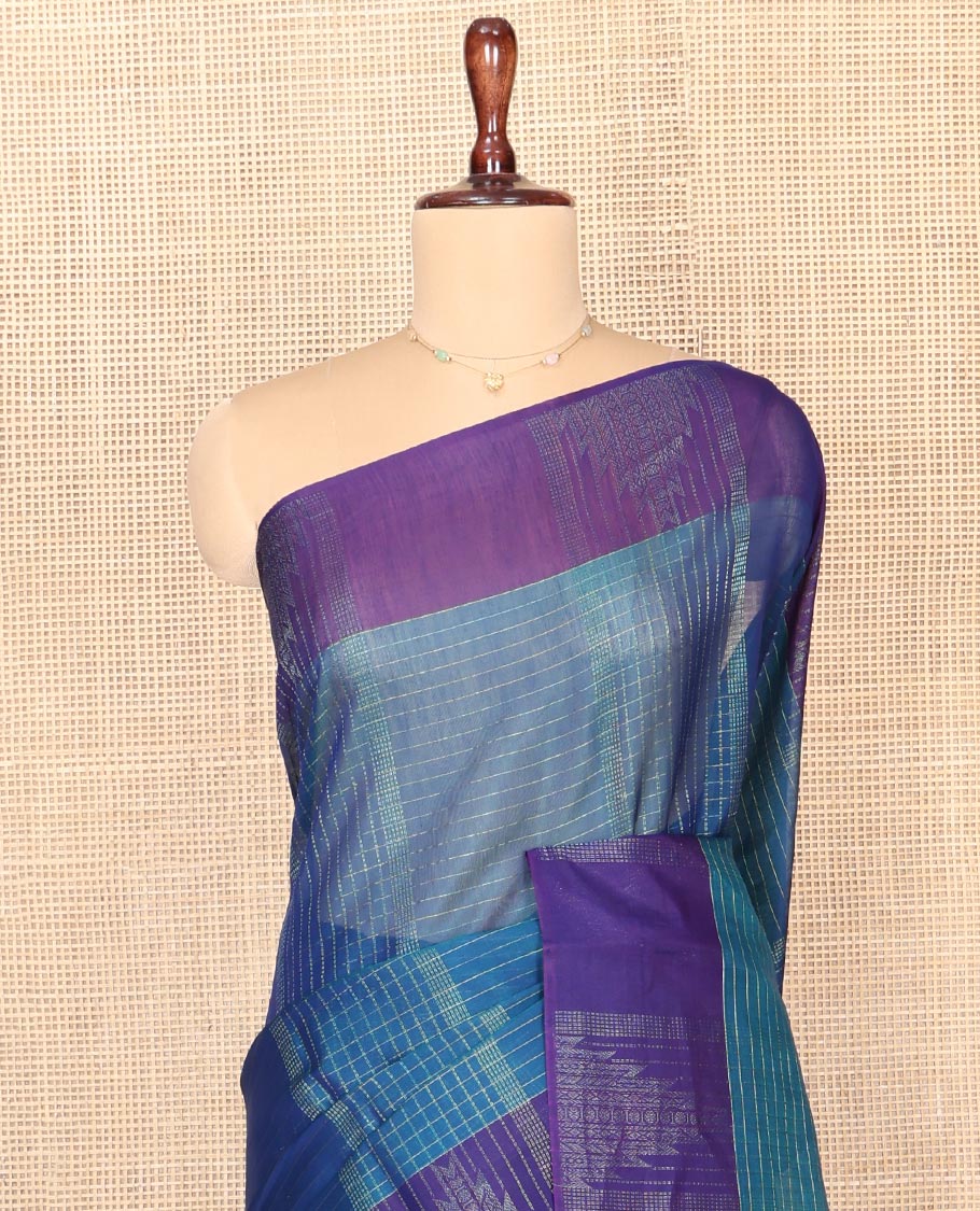 Blue Silk Cotton Saree, Enriched with Stripes and Checks, Complemented by a Contrast Temple Border, Intricately Designed Pallu, and a Contrast Blouse