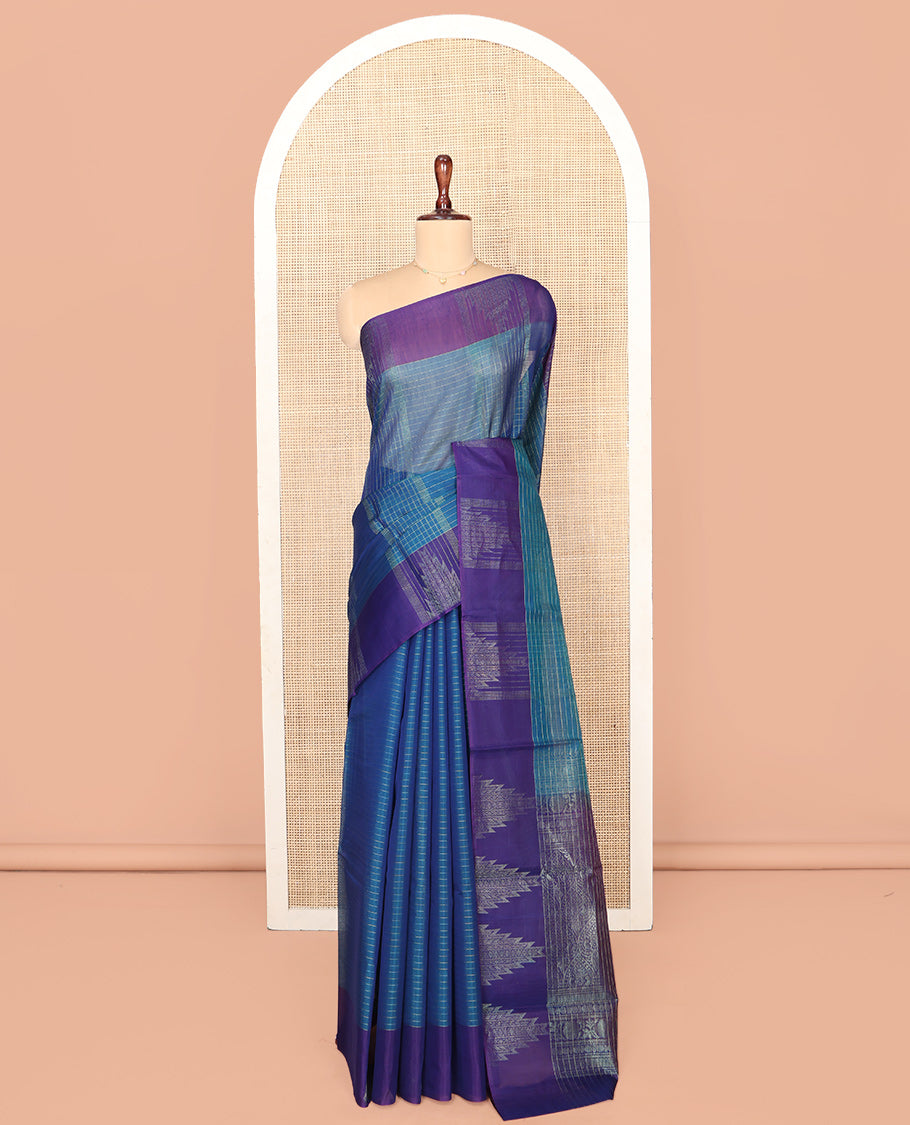 Blue Silk Cotton Saree, Enriched with Stripes and Checks, Complemented by a Contrast Temple Border, Intricately Designed Pallu, and a Contrast Blouse