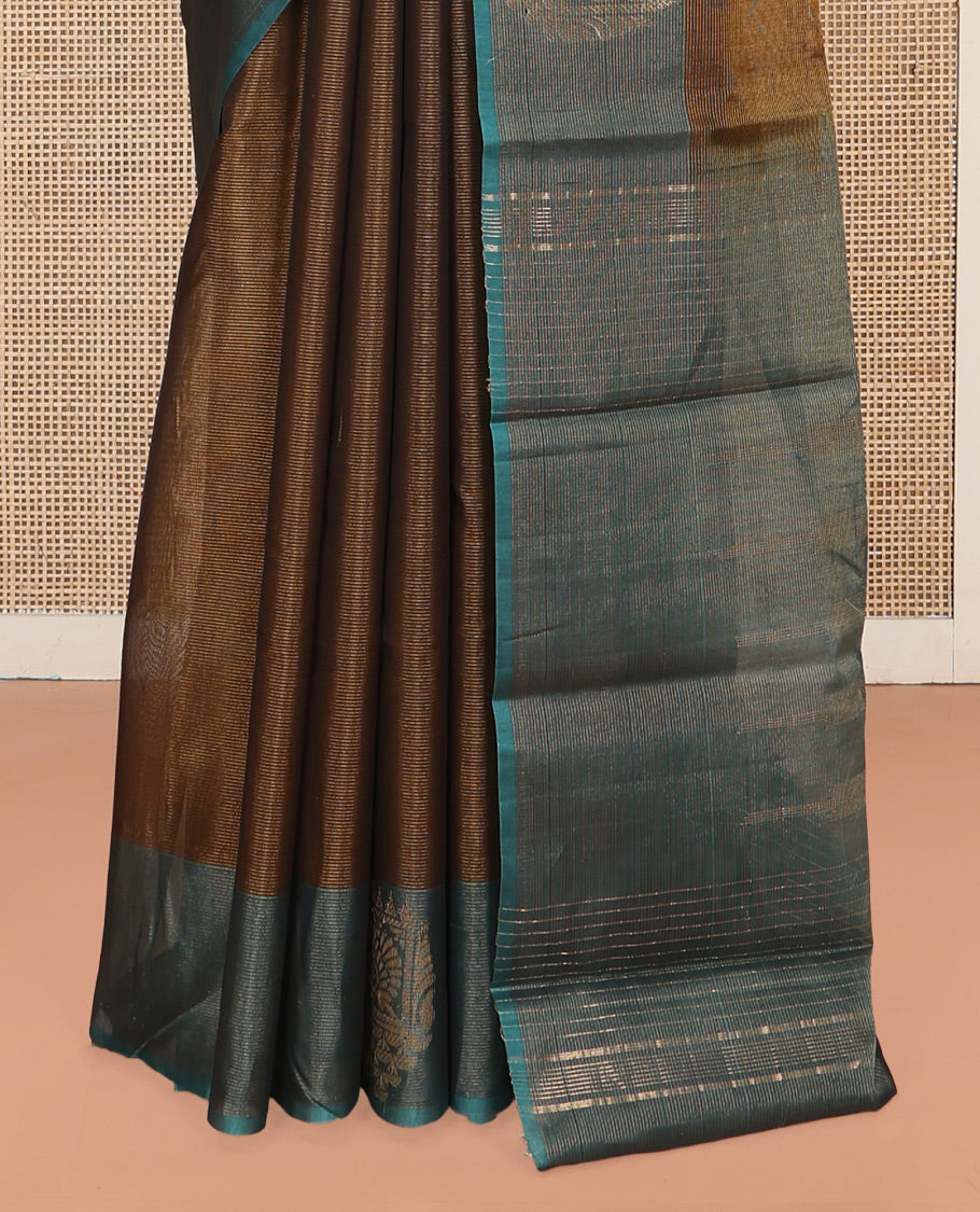 Brown Silk Cotton Saree, Decorated with Buttas All Over Its Body, Complemented by Contrast Border of Parrot Chariot Designs, Temple Pallu, and Paired with a Contrast Blouse