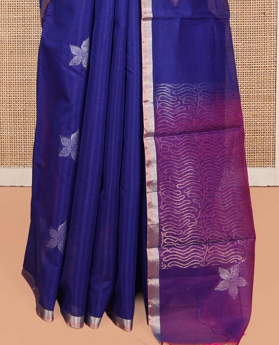 Blue Silk Cotton Saree, Woven with Floral Zari Buttas, Zari Striped Border, Contrast Geometric Patterned Pallu, and a Contrast Blouse