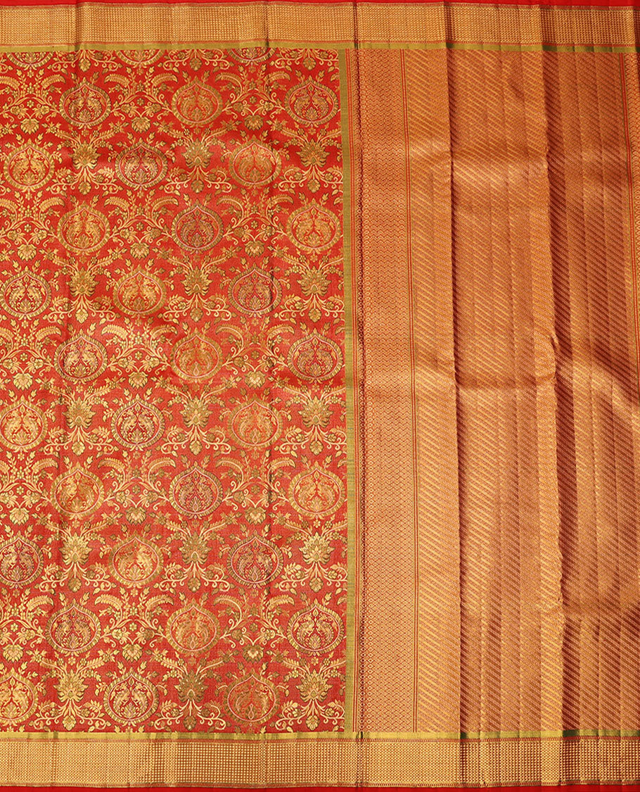 Red meenakari zari jacquard silk saree, zari border of muthu & kuyil kann designs & geometric patterned pallu