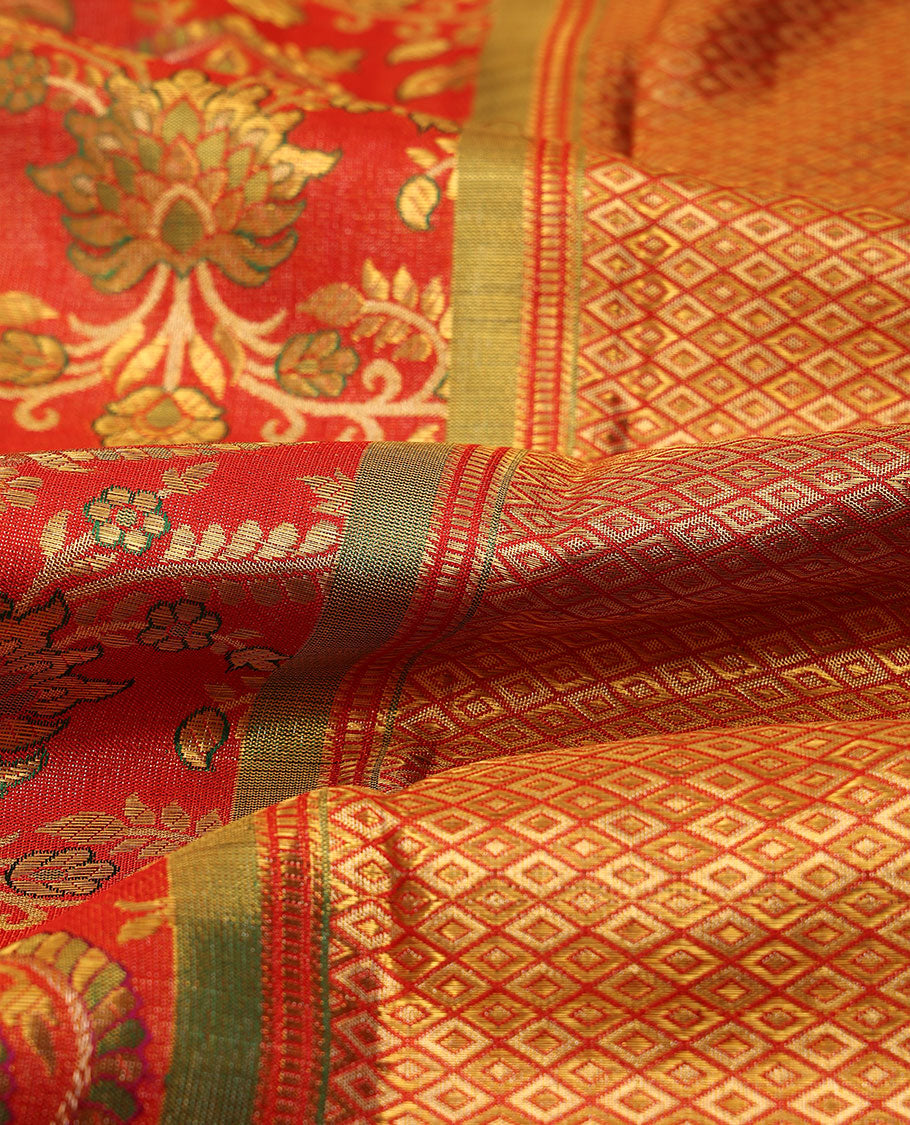 Red meenakari zari jacquard silk saree, zari border of muthu & kuyil kann designs & geometric patterned pallu