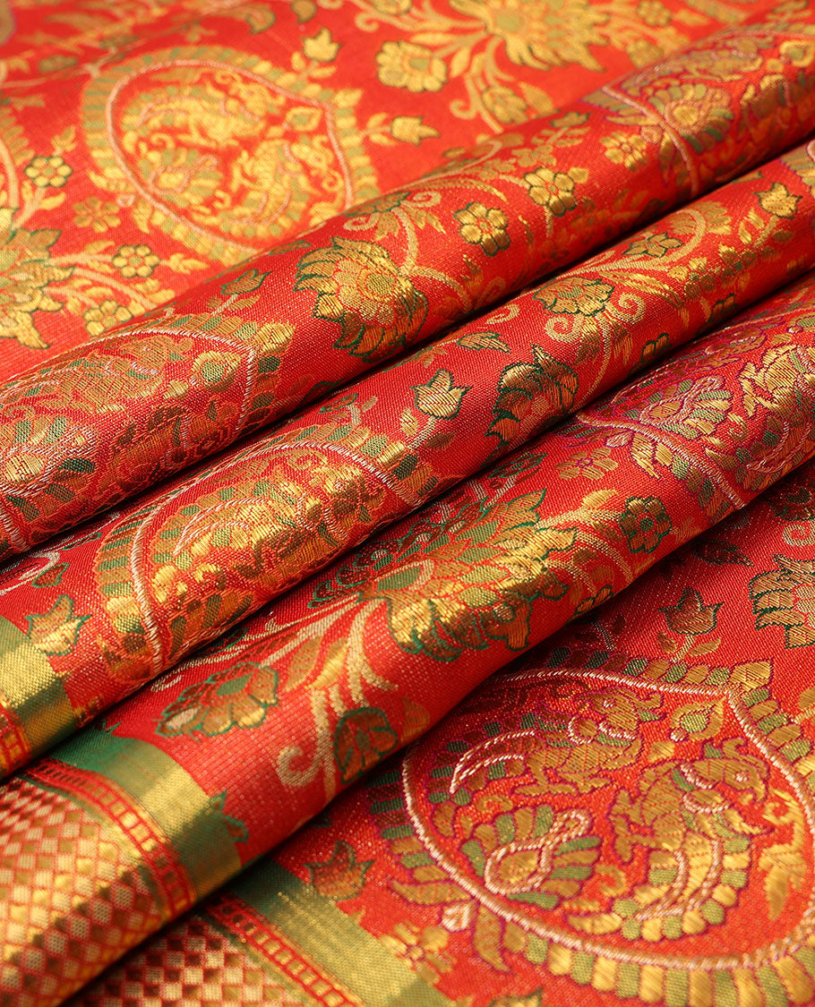 Red meenakari zari jacquard silk saree, zari border of muthu & kuyil kann designs & geometric patterned pallu