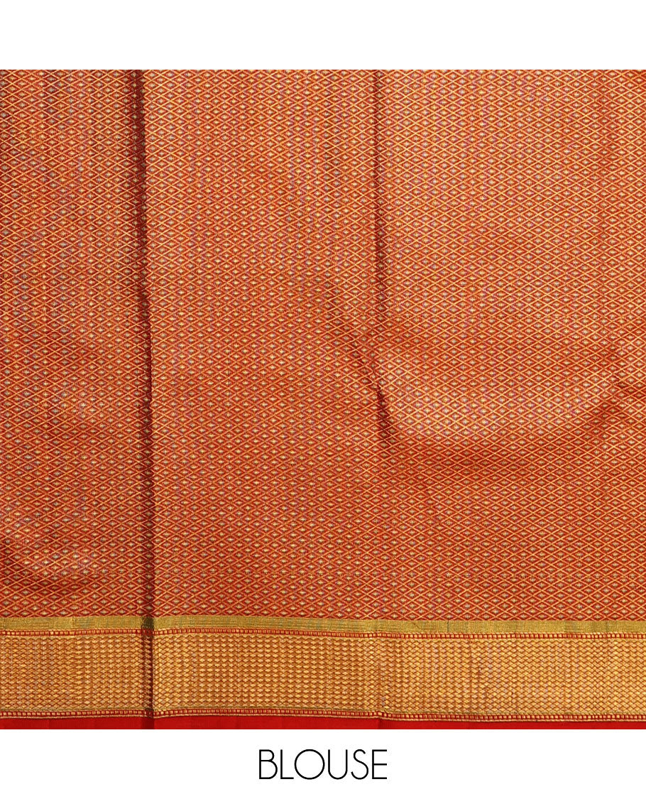 Red meenakari zari jacquard silk saree, zari border of muthu & kuyil kann designs & geometric patterned pallu