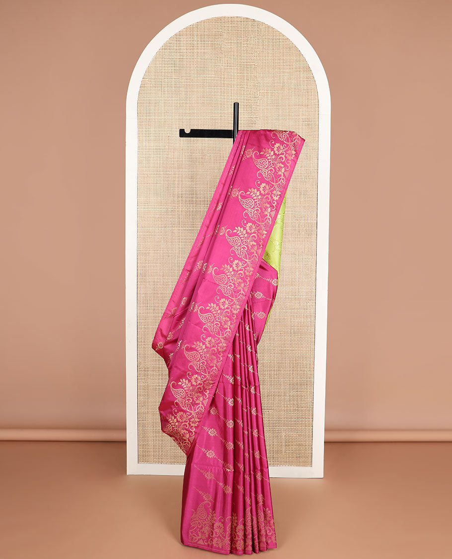 Borderless pink floral design soft silk saree with paisley design pallu