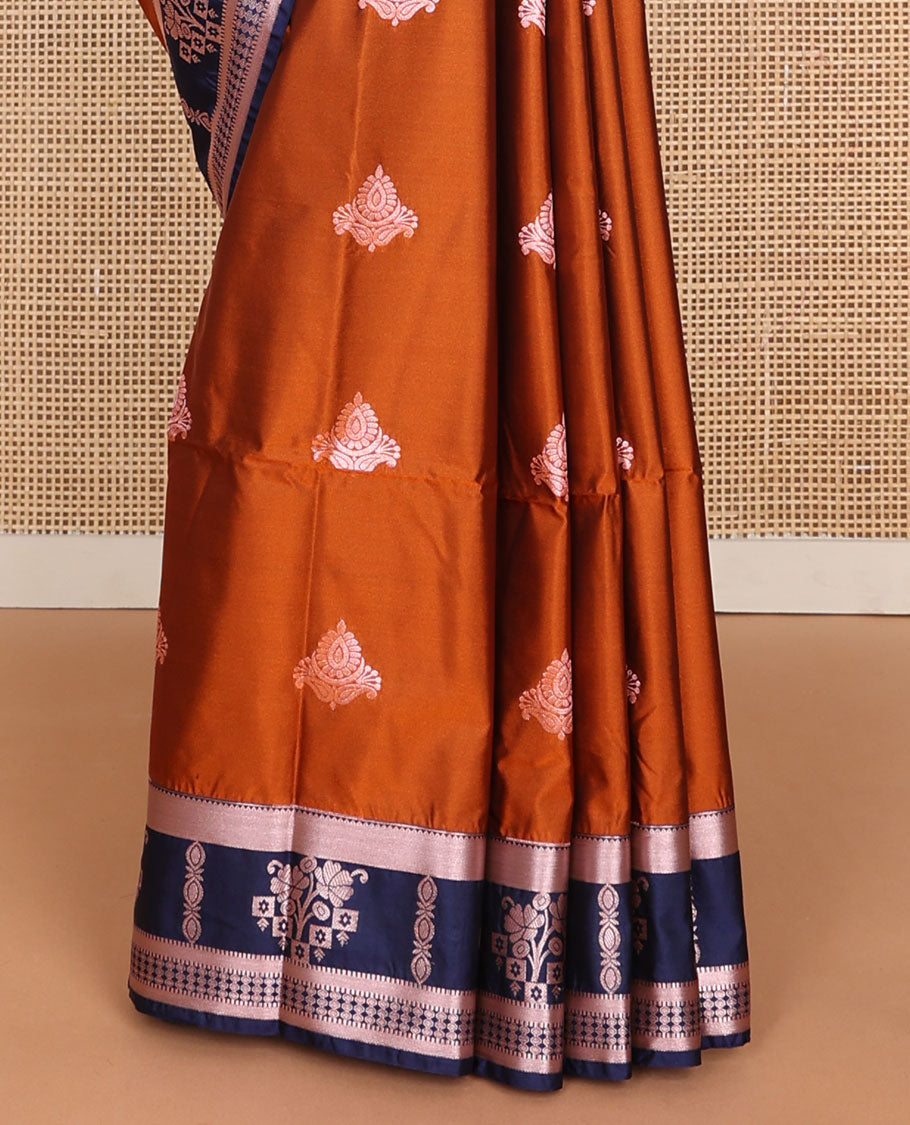 Rust orange zari buttas semi-soft silk saree, contrast traditional zari border & intricately zari woven pallu of jaal design weave